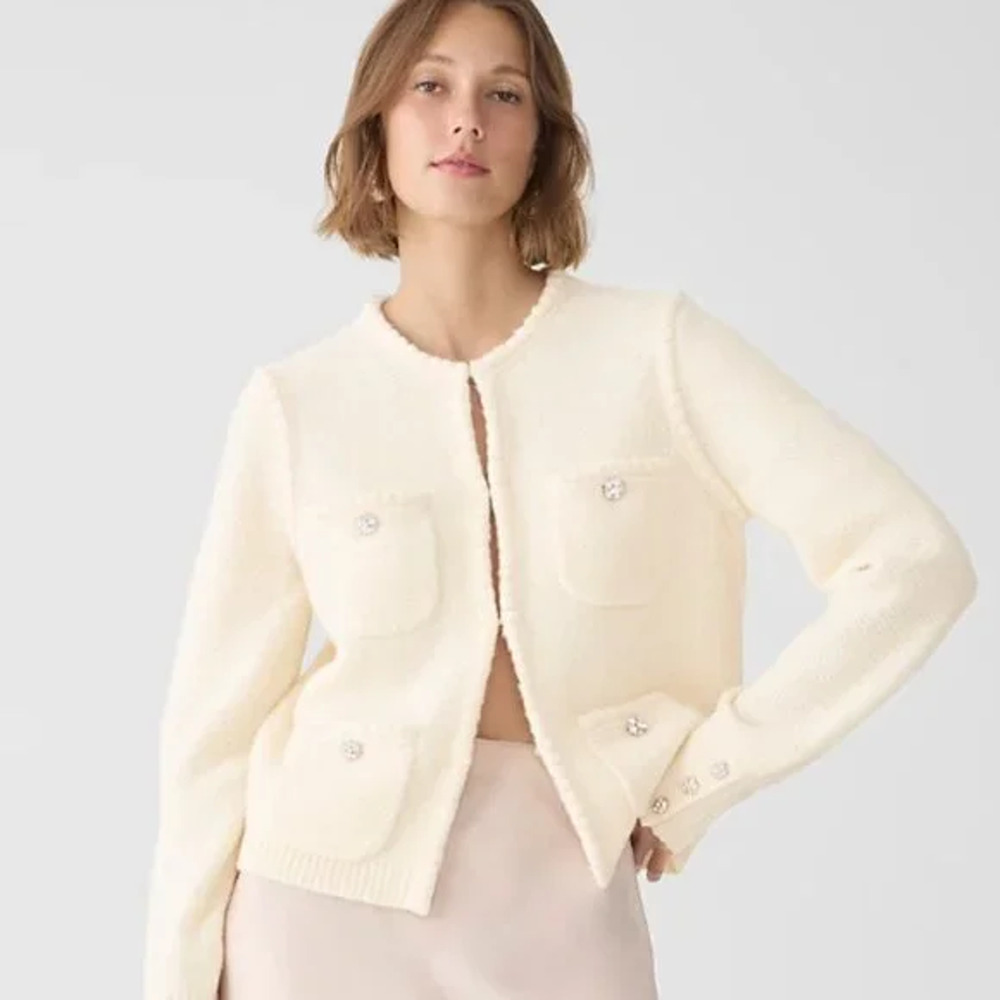J. Crew Odette Sweater Lady Jacket with Jewel Buttons Crochet Trim Beige Size S